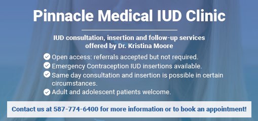 PinnacleMedAB's tweet photo. Dr. Kristina Moore will be accepting IUD consultations, insertion and follow-up services starting in December at our Montgomery location! https://t.co/3s1WdoEXg7 #IUD #familydoctor #yychealth https://t.co/uzNsPocsje