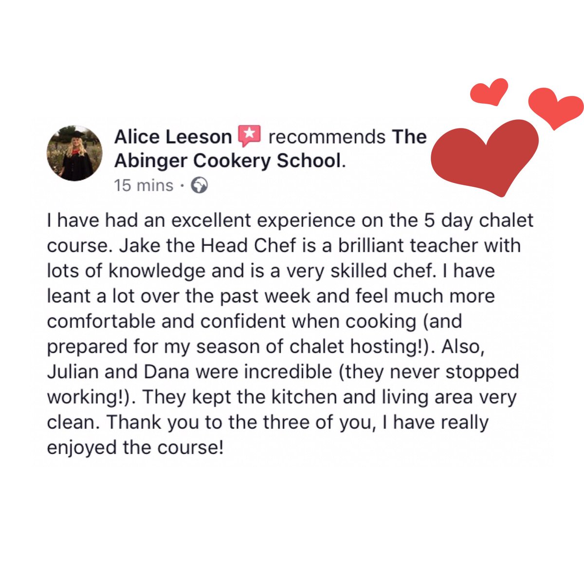 AbingerCookery's tweet photo. Thank you so much @Alice_Leeson for leaving such a great review on our FB page. We are thrilled you enjoyed it so much & have a fabulous ski season β·
#review #chaletcooks #cookerycourse #chalet #skiseason #yachtie #stew #stewardess #leavinghome #abingercookeryschool #abinger https://t.co/2LaJKBU7az