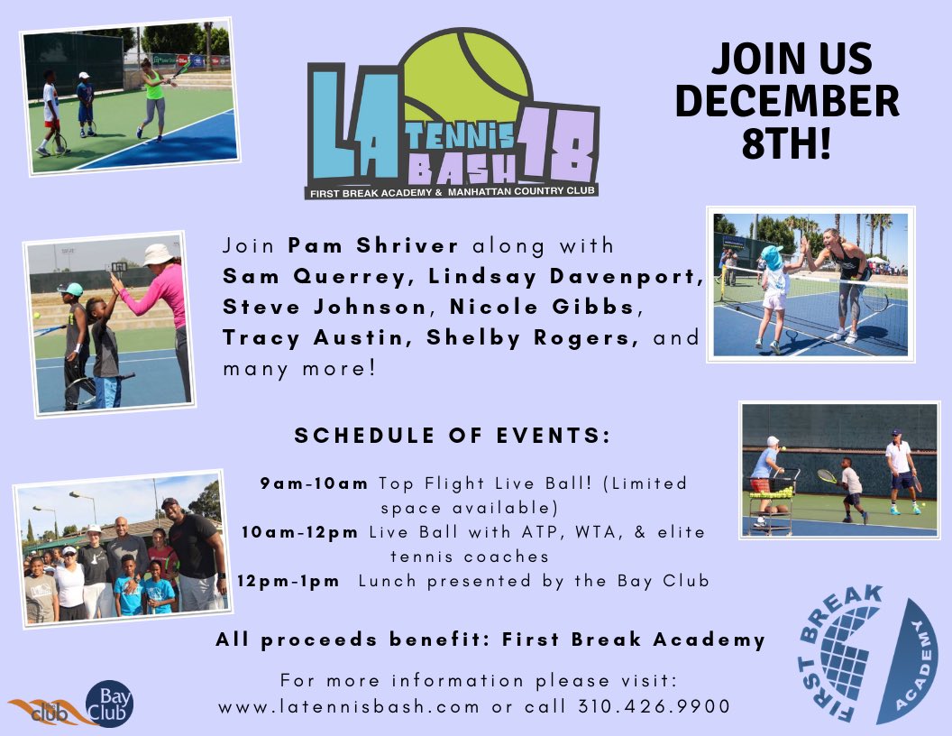 CrackedRacquets's tweet image. LA 🎾 Fans,

WHAT: LA Tennis Bash
WHERE: Manhattan Country Club
WHEN: December 8th

Hit and learn from the best: @SamQuerrey, @LDavenport76, @SJohnson_89, @PHShriver, @Gibbsyyyy, @JaredD, @thetracyaustin, @Shelby_Rogers_ , and more! 

👉: LATennisBash.com #latennisbash18