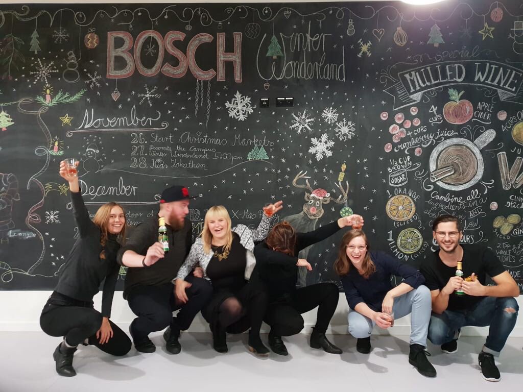 TheAnneGramlich's tweet photo. The moment right before @SarahNizze gave me a Champagne shower. Hach #goodmemorys of last weeks #chalkart evening at the #BoschIoTCampus https://t.co/B91MLz3zhK