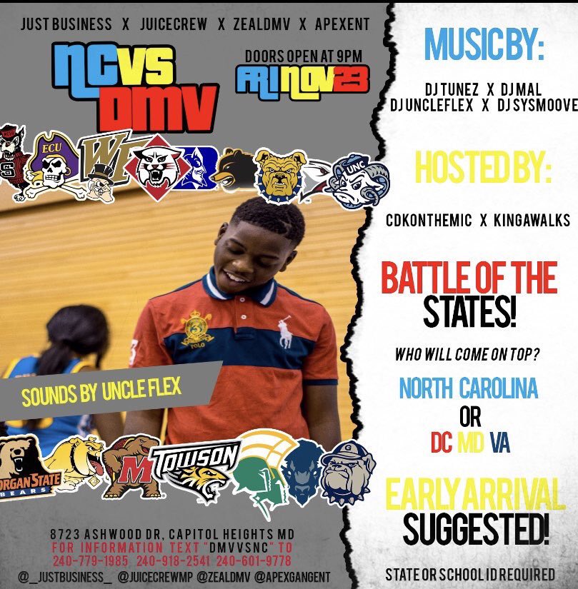 boss_manchris's tweet photo. Brought To You By @ApexGangEnt @juicecrewmp @FLEXXENT_ 

#DMVvsNC🔥

Fri. Nov 23rd | Doors Open at 9✅

EVERYONE 🆓 Until 9:20

Sounds By🎧 :  @DJTUNES_ , @DJSySmoove ,@_UncleFlex @DJJiggaJayy @Yeahimjusthim 

Hosted By🎤: @CDKonthemic  @Chuck___Taylor  

Can’t miss party 🎬⚠️ https://t.co/CkUNYx7FvI