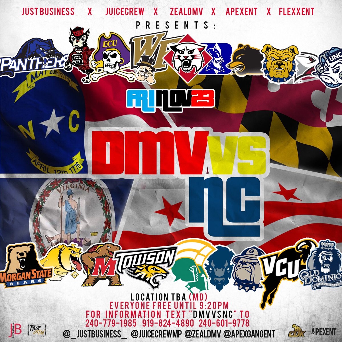 Houndful's tweet photo. Brought To You By @ApexGangEnt @_JustBusiness_ @juicecrewmp @FLEXENTPROMO

#DMVvsNC🔥

Fri. Nov 23rd | Doors Open at 9✅ |

EVERYONE 🆓 Until 9:20

Sounds By🎧 :  @DJTUNES_ , @DJSySmoove ,@_UncleFlex 
&amp; @DJJiggaJayy

Hosted By🎤: @CDKonthemic &amp; @LongLive703

⚠️❗️POP OUT EARLY❗️⚠️ https://t.co/fWM72Fh3wo