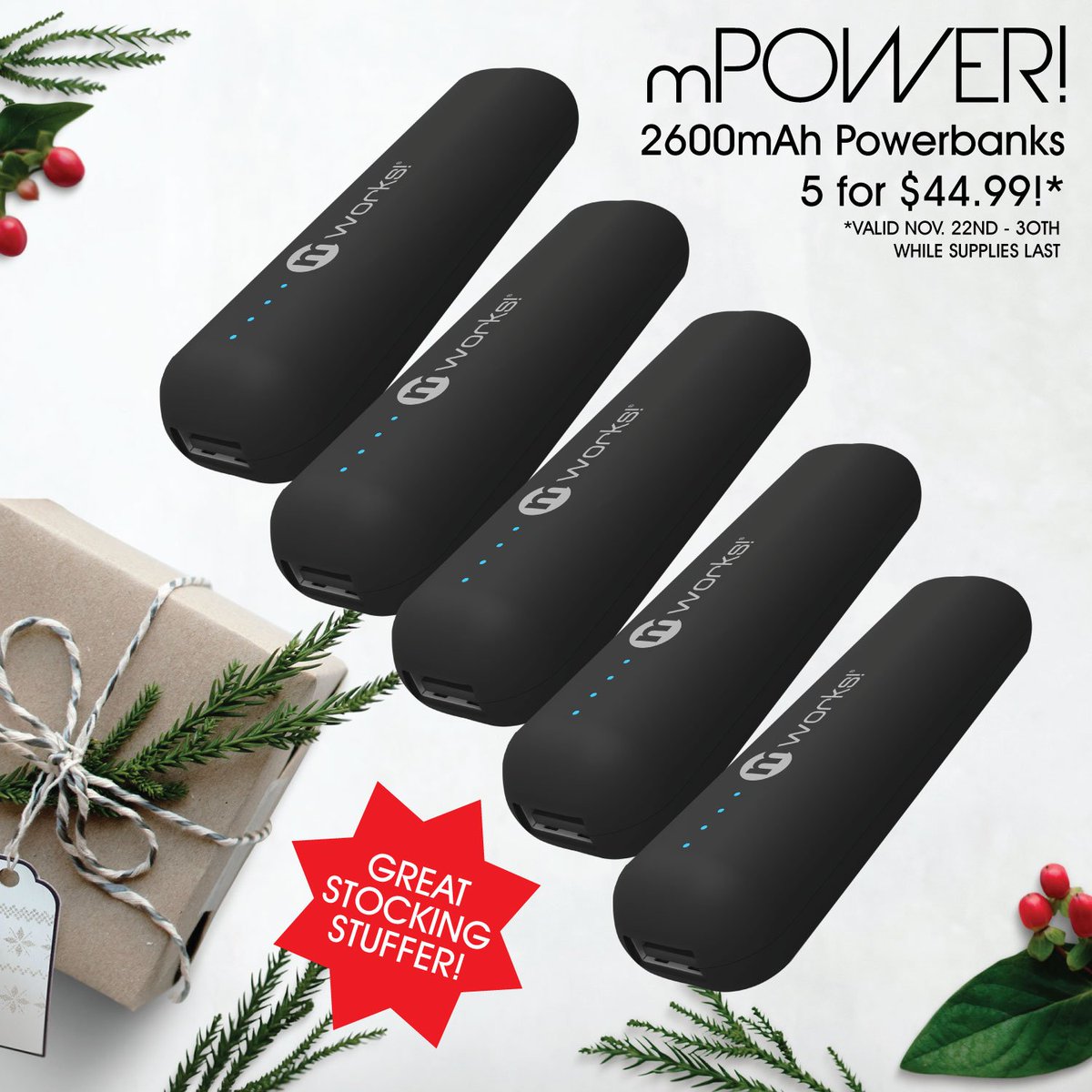 mworks_products's tweet photo. Black Friday Deal - Buy 5 mPOWER! 2600mAh Power Banks for $44.99! (normal MSRP $19.99)! Great Stocking Stuffer! #Blackfriday #Blackfridaydeal #Dealoftheday #specialoffer #mworks #mpower #picoftheday #postoftheday #saleoftheday #longlinesnoproblem #powerbank #chargebank #buynow https://t.co/VDoUi26RRL