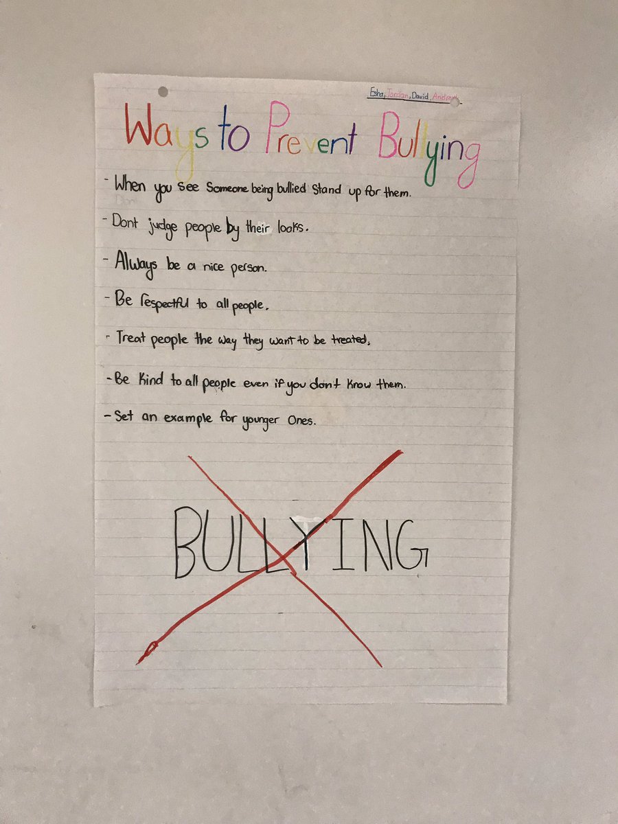 stacieberman01's tweet photo. Gr. 5 Ss collaborate on ways to prevent bullying at Dunlace.  Student created posters for our school community  to refer to.  #BullyingAwarenessWeek  #BullyingPrevention #studentvoice #studentteamwork @TDSB_DunlacePS @TDSB_MHWB @Bell_LetsTalk https://t.co/GtAHUYFi5d