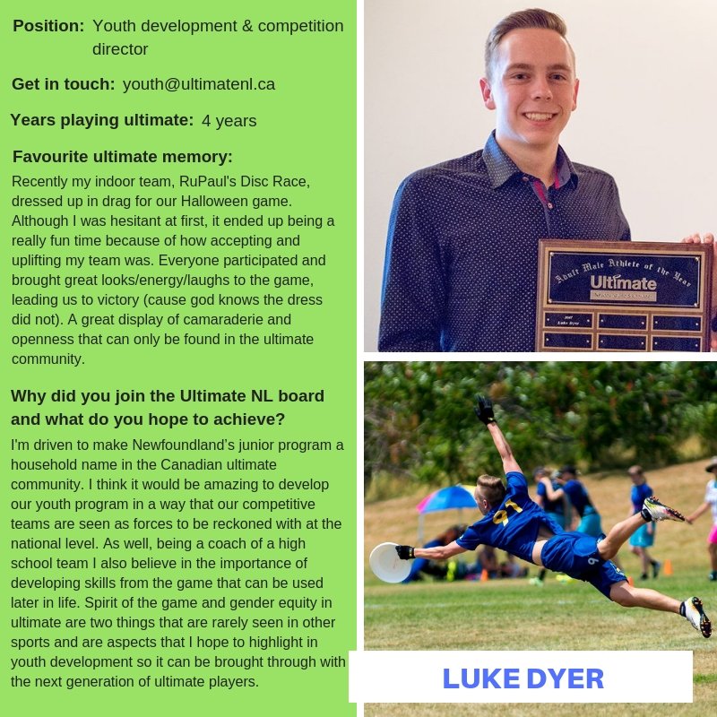 NL_ULTIMATE's tweet photo. #MeetTheBoard: Luke Dyer is our youth performance &amp; development co-ordinator responsible for our competitive youth club program, NL Storm. A career highlight for Luke was the 2017 Pan American Ultimate Club Championships! #ultimatefrisbee #NLsports #sportsNL @UltimateCanada https://t.co/dpm3GxWvrj