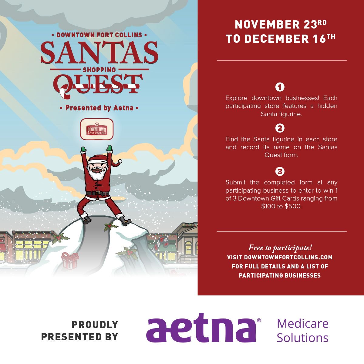 Starting today, come shop around Old Town and find all the Santas for a chance to win one of three $100-$500 Downtown Fort Colins gift cards! It's free to participate, and you can get started right here at the store. Get all the details here: buff.ly/2QYDkj5
