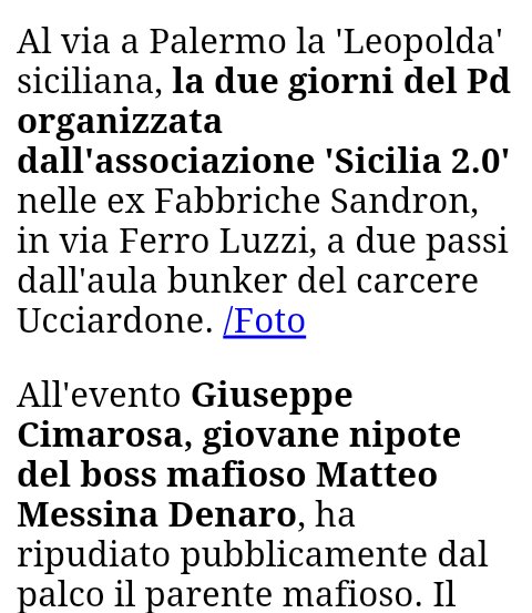 sarasarli's tweet photo. Volevo dire a quelli del #pdnetwork  prima di lanciare #hasthag e di tuittare cazzate che i primi ad aprire il dialogo con i parenti dei #mafiosi siete stati voi non il #M5S
Alla Leopolda siciliana era presente il nipote di Matteo Messina Denaro
#perdire 
#Corleone https://t.co/Jn2p6ccV8R