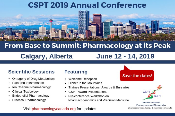 PharmacologyCan's tweet image. Save the dates! CSPT Annual Conference June 12 -14, 2019 in beautiful Calgary, Alberta. Come for the program, the discussions, the camaraderie, and the mountain air. Sign up to receive updates for #CSPT2019
eepurl.com/dOCTPX.  
pharmacologycanada.org/pages/2019-ann…