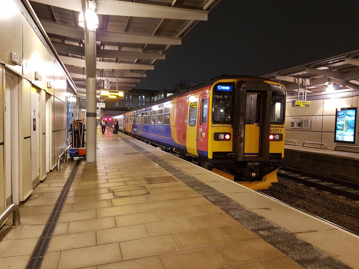 HSTLouis's tweet photo. 153311 at Derby, brought me back from Tutbury with 153385. Oh, me plus an unplanned battered sausage and chips. #1K22 https://t.co/gwZKqMXlY0
