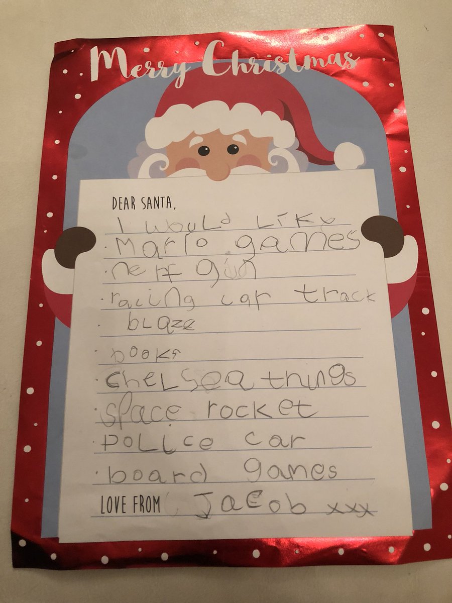 TracyStanbrook's tweet photo. Jacob has wrote his list for Santa! Can’t believe how much his writing is improving. Thank you Mr F! @SouthfieldFS #listforsanta #writing #somuchimprovement https://t.co/MKsDwcYKFu
