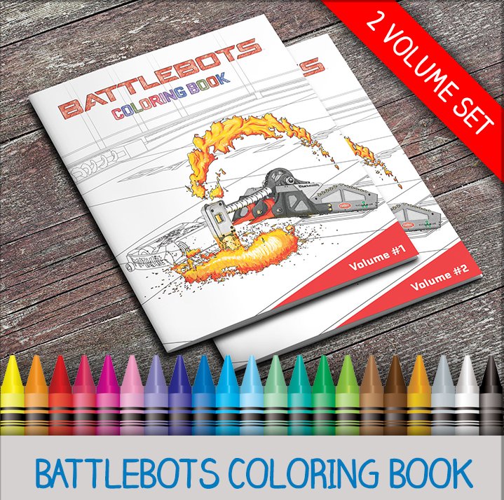 BattleBots's tweet photo. Let the Bot Coloring Begin! The BattleBots coloring book is out and ready for purchase at https://t.co/dYcMkl8hus. And save 20% on ALL items at the BattleBots Store during Black Friday weekend (and Cyber Monday). Use the coupons code SAVE20 at checkout. https://t.co/QQSlI68Y5t