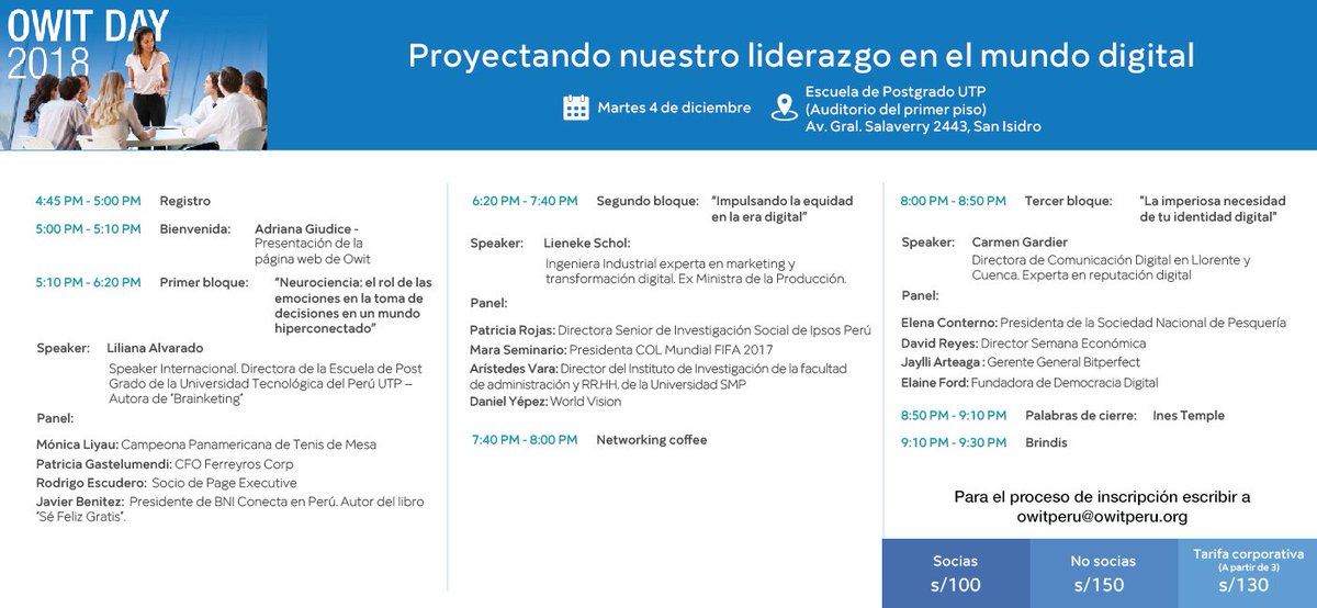 OWITPERU's tweet photo. OWIT DAY 2018 - Martes 4 de diciembre
Inscripciones: owitperu@owitperu.org https://t.co/caYKi0hKmH