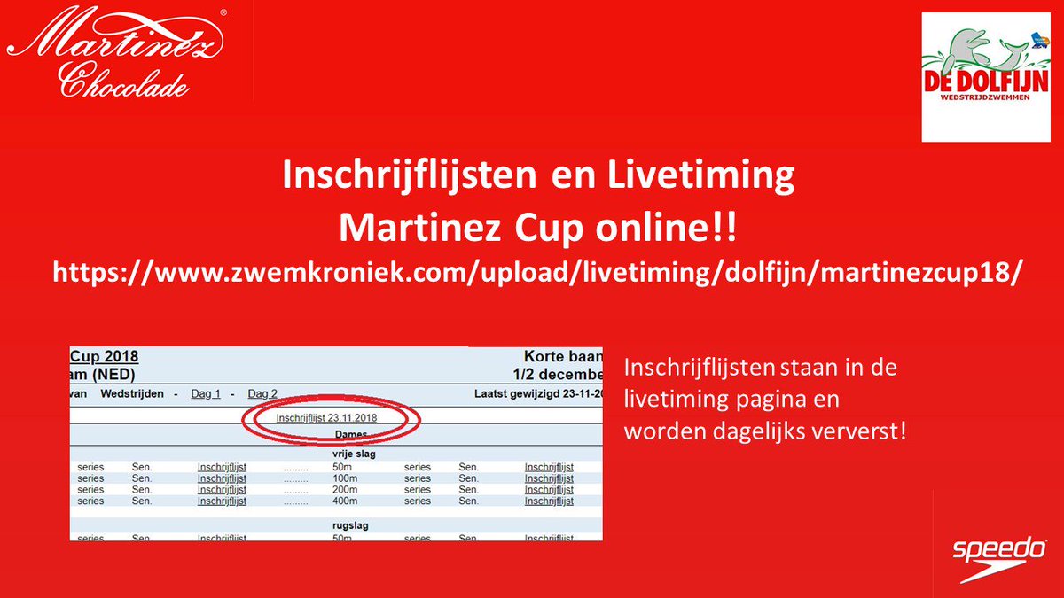 dedolfijnwz's tweet photo. De startlijsten voor de Martinez Cup van @dedolfijnwz . Dat wordt genieten op 1 en 2 december ! De directe link naar de livetiming: https://t.co/i9MWmt67Ev https://t.co/n3LreqnhSv