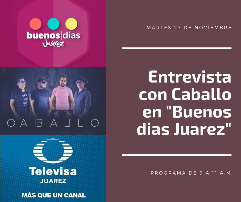 CaballoMusic's tweet photo. Martes 27 de Nov. entrevista de Caballo con nuestros amigos de @buenosdiasjrz. El programa se transmite de 9 a 11a.m. por el canal 8.1 de @TelevisaJuarez . No te lo pierdas.
#BuenViernes #Entrevista #caballo #music #oficial #Televisa #Tendencias #follo4follo https://t.co/J57OM9ljw4