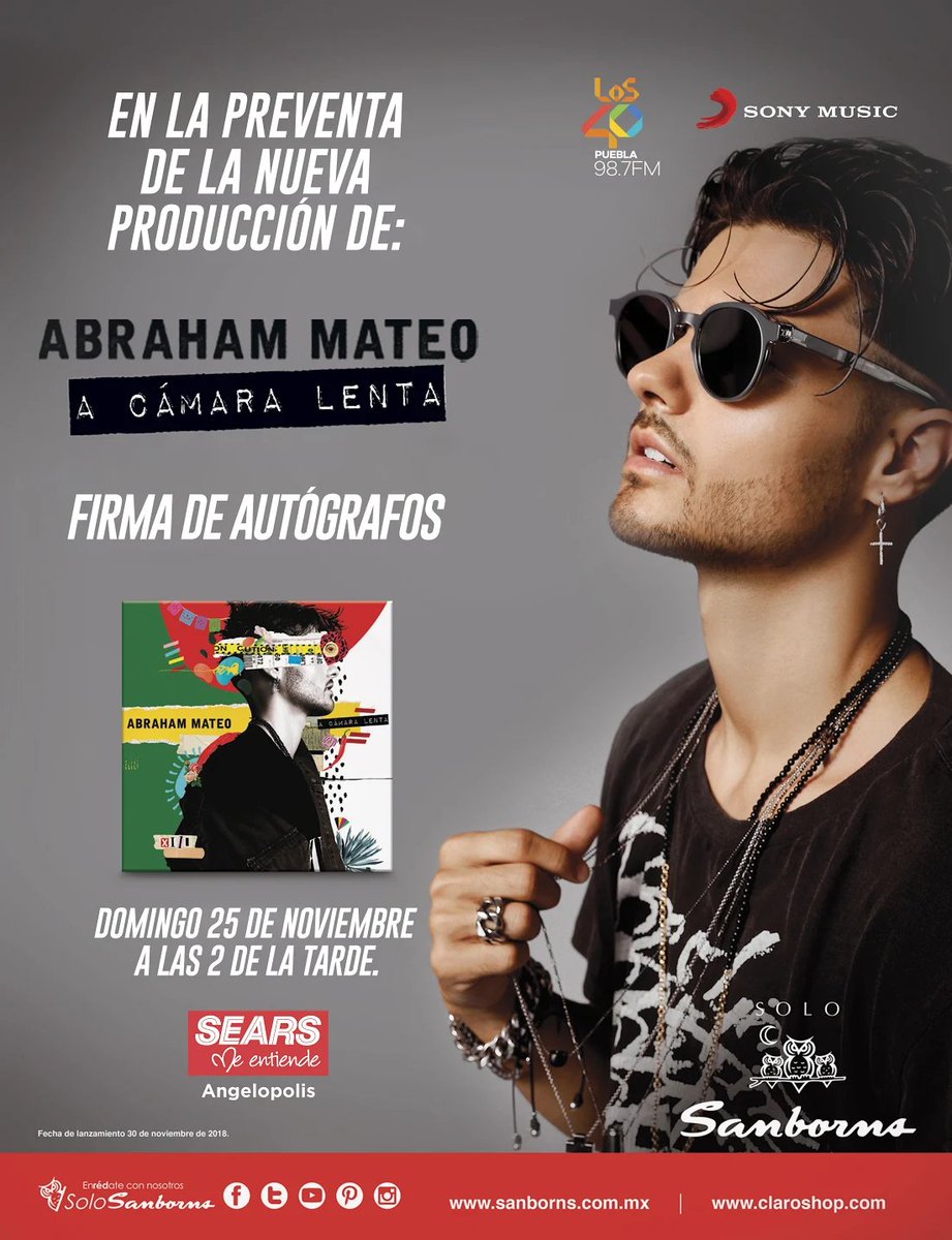 ¡#Abrahamers de Puebla! Nos vemos este domingo a las 2pm en la firma de autógrafos de <a href="/AbrahamMateo/">Abraham Mateo</a> en <a href="/ccangelopolis1/">@ccangelopolis1</a> con <a href="/Los40Gdl/">Los 40 Gdl</a> 😉
<a href="/searsmexico/">Sears México</a> <a href="/solosanborns/">Sanborns</a> 
#ACámaraLenta