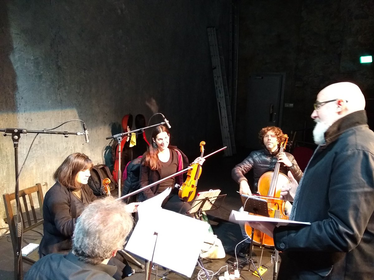 Finishing touches ahead of the WORLD PREMIERE of Greg Caffrey's new piece for string quartet performwd by @GalwayConTempo1 tonight at 8.30pm in the @mlallytheatre Tickets available on the door. #MusicandMusings is in association with @CMCIreland