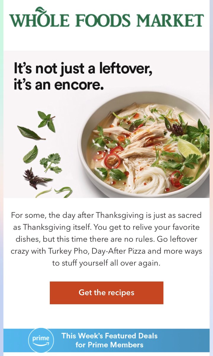 shawnpwalchef's tweet photo. When @WholeFoods can send me a Thanksgiving leftovers content email and pitch me #AmazonPrime toy ideas for my son on #BlackFriday2018 in the same email then you know @amazon is playing a different #DigitalMarketing game. https://t.co/sBRuoDJyMa