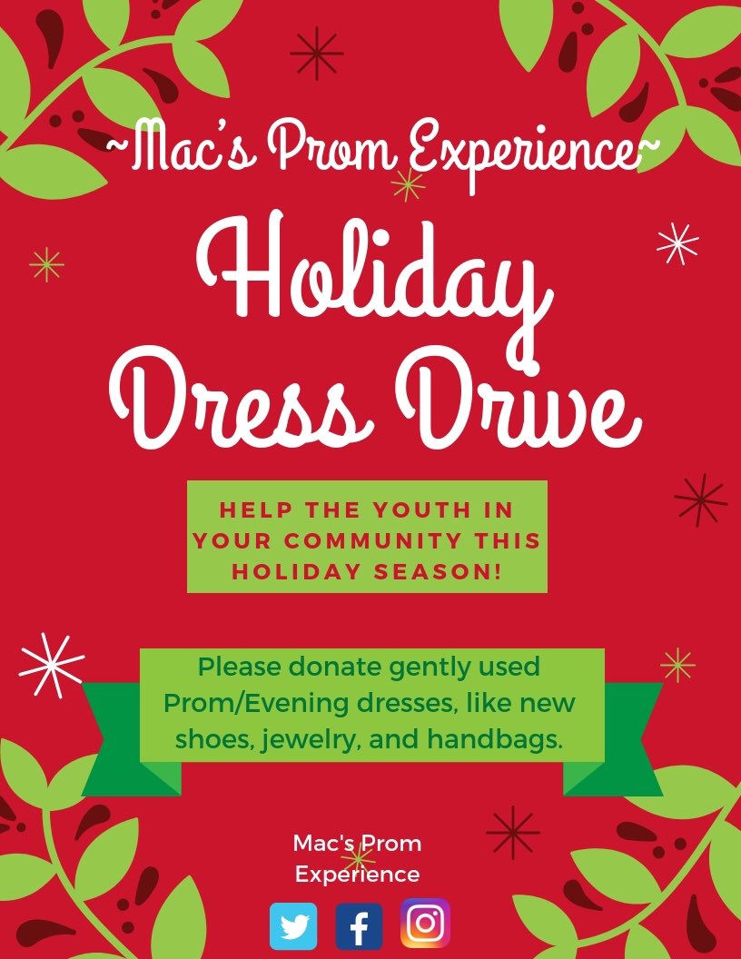 macsprom's tweet photo. Today is the kick off of our Holiday Dress Drive! 🎄👗🎅🏼

We have a goal to collect 100 donated dresses this holiday season, drop off info below.  Please like and share our social media to stay updated about our April giveaway!   🤗💗 https://t.co/7qUjb9Iz4q