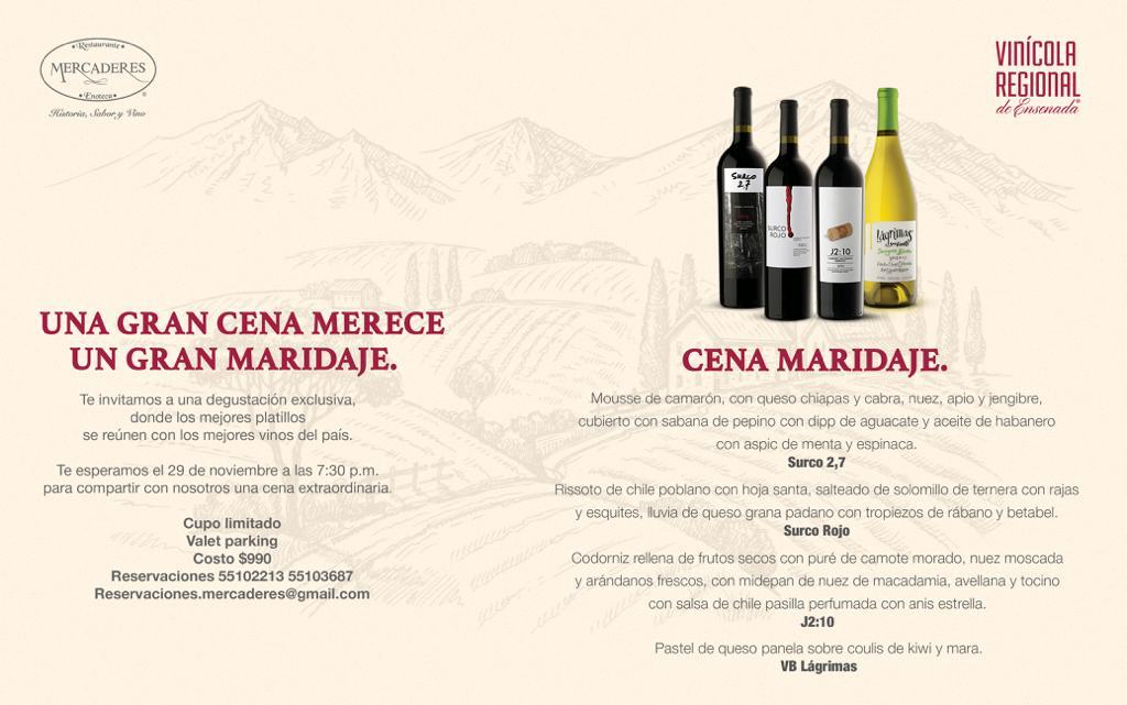 Restaurante Mercaderes y los vinos de Vinícola Regional de Ensenada los invitan a una experiencia única en una cena maridaje.
Hagan sus reservaciones... No se la pueden perder!!!!

Que comiencen los festejos decembrinos! 🎁🍷🎅🏻☃