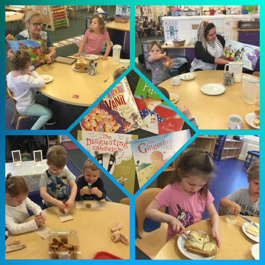 GillianOlford's tweet photo. We're certainly not hungry @KnightsridgeEYC after our @BookWeekScot Snack and Story! Three Bears Porridge, Disgusting Sandwiches, Gorillas Ice Cream, Wolfs Pancakes and Gingerbread Men all yummy in our tummy! #buildingareadingculture #wl_literacy #wlec https://t.co/L7OjlJo9gV