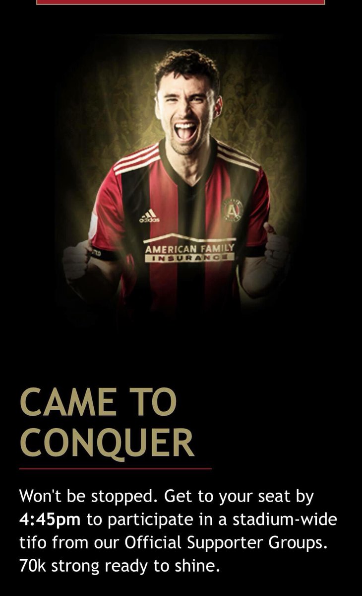 VamosATL7's tweet photo. Be in your seats by 4:45pm on Sunday, spread the word #ATLUTD #UniteAndConquer #BeatRedBulls https://t.co/oanUvKYprW