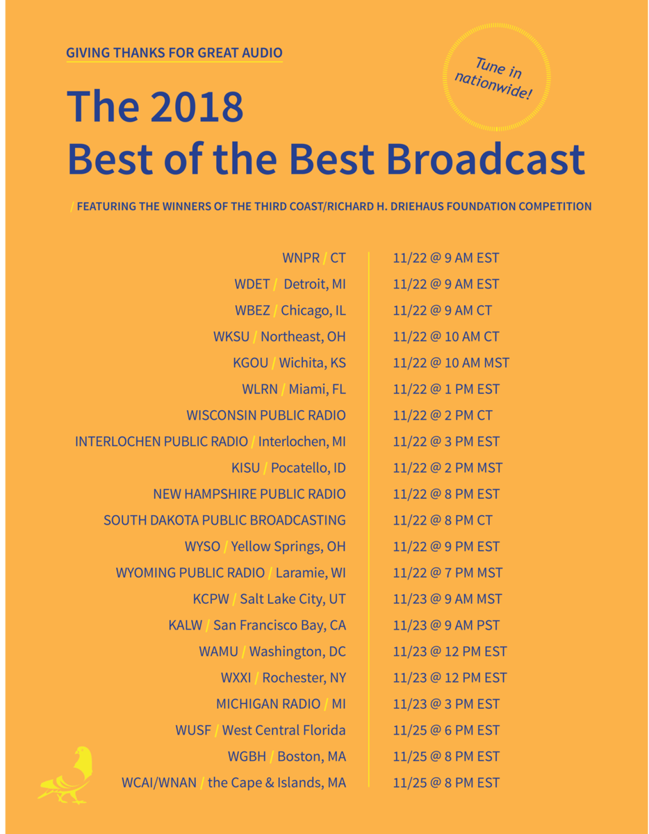 radiotopia's tweet photo. Check out the @ThirdCoastFest Best of the Best 2018 broadcast on public radio stations across the country this weekend! Featuring @earhustlesq &amp; @jonathanzenti's "Meat," which was born out of our first podquest.

Find your station and tune in! https://t.co/eezFIDyBn0 https://t.co/qc264kjxVg