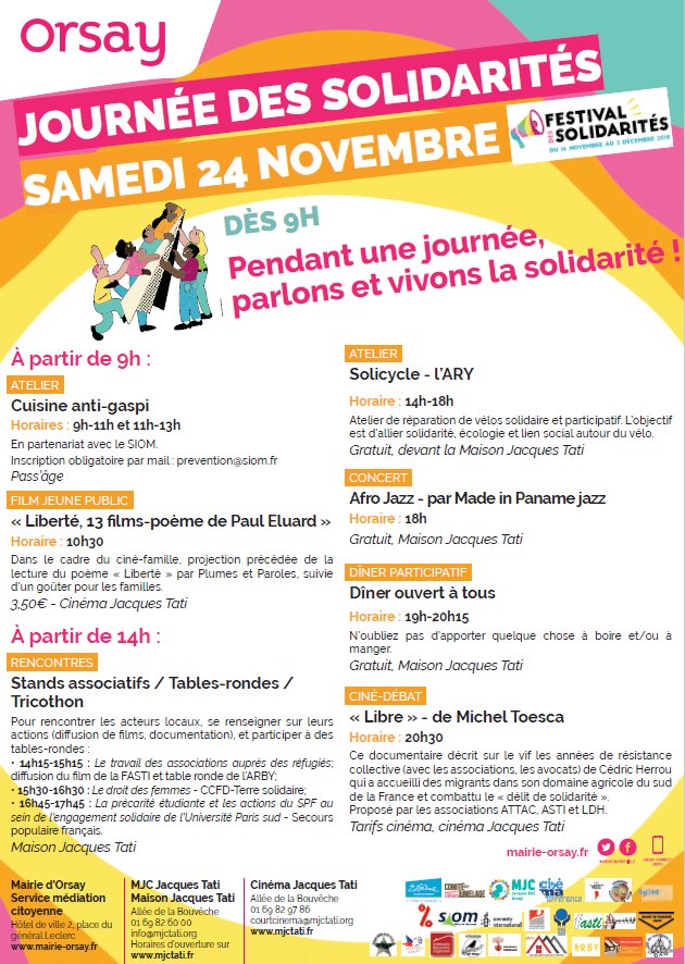 Orsaynotreville's tweet photo. ⭕️[#FESTISOL2018]  J-1 avant la Journée de la Solidarité. 
Rdv demain dès 14h à la Maison Jacques Tati. 
Programme détaillé sur : https://t.co/OM4KXveJpW https://t.co/YekTDlG8TB
