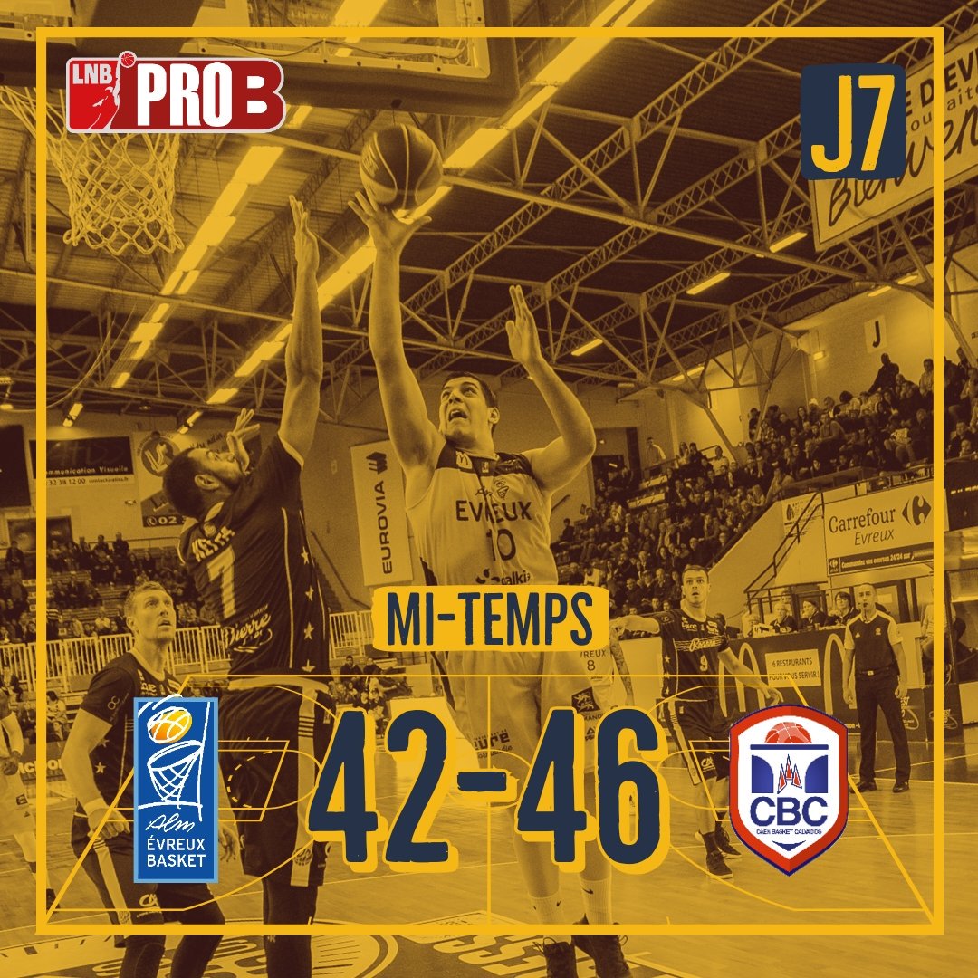 ALMEvreux's tweet photo. MI-TEMPS | #ALMCBC
Les score est toujours aussi serré à la pause ! L'ALM est toujours menée de 4 points dans le derby face au @CaenBC14 ⤵️
@ALMEvreux 42
@CaenBC14 46
#TeamALM #ProB #J7 https://t.co/Li5gc7qCDb