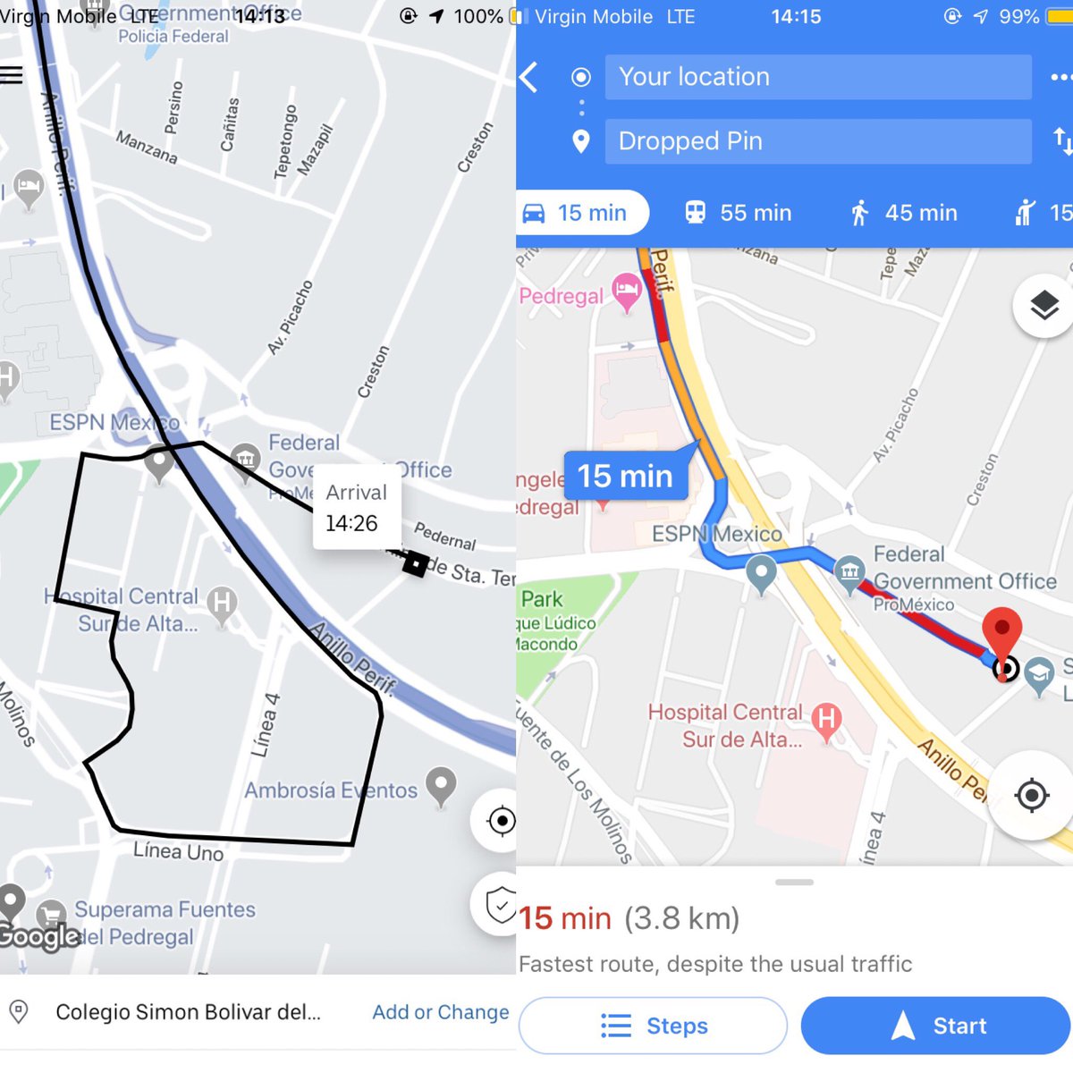 lander_cabrera's tweet photo. Ruta @Uber_MEX vs ruta google maps. Gracias por ls vueltas... https://t.co/wxJJTbZDUn