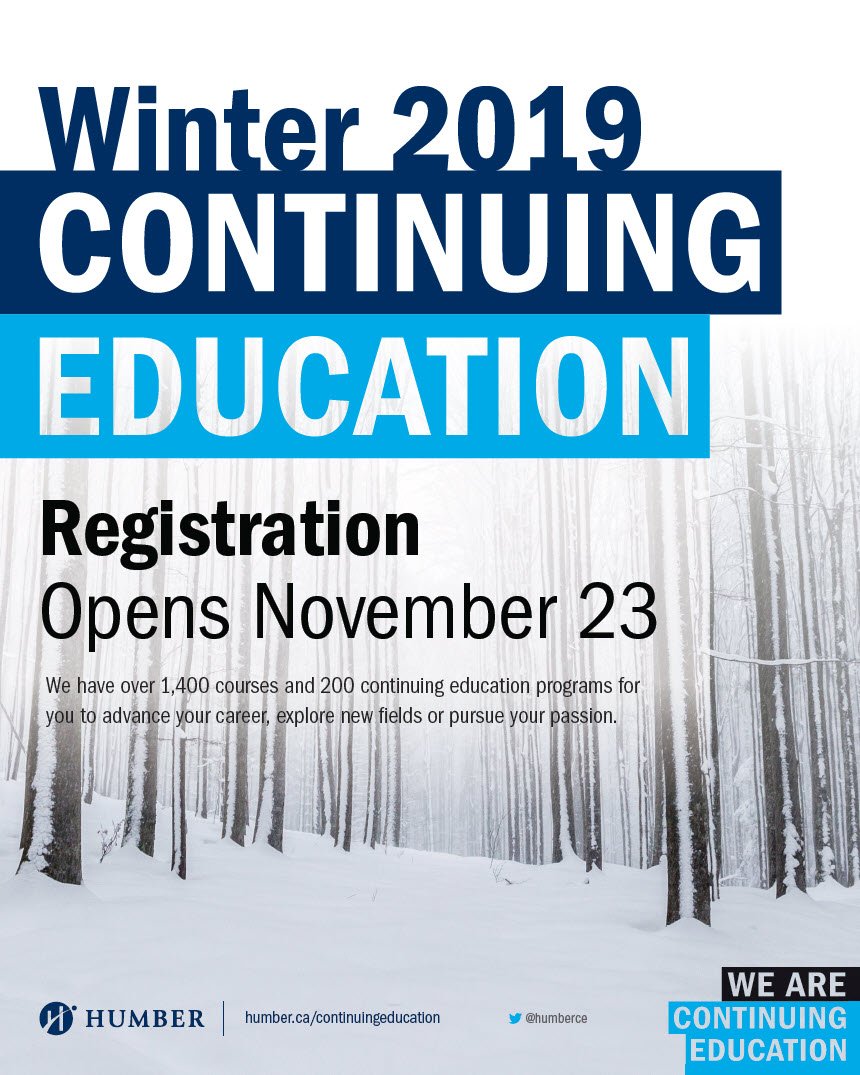 humberce's tweet photo. Continuing Education Registration @HumberCollege is now open for Winter 2019 courses and programs! #HumberCE #youhavegoals
🌐 https://t.co/mw9KZNNpd9 https://t.co/BdWOUXgODt