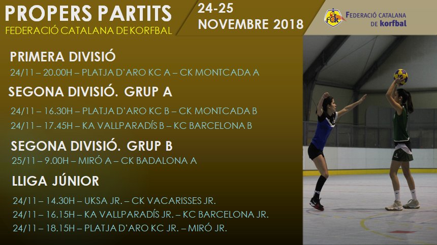 Aquests són els partits previstos per aquest proper cap de setmana 24 i 25 de novembre! #korfbal ⬇️