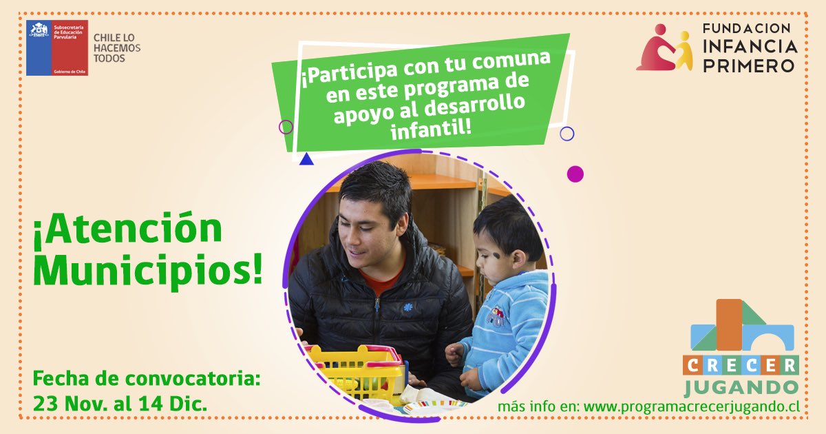 📢 ATENCIÓN 📢 Municipios de la RM, está abierta la convocatoria para postular a #CrecerJugando y poder implementar el programa en tu comuna. No dejes pasar esta oportunidad de apoyar niñ<a href="/s/">『S』</a> y sus familias  <a href="/InfanciaPrimero/">Infancia Primero</a> <a href="/SubEducParv/">Subsecretaría de Educación Parvularia 🧒🏽👶🏽👩🏽</a>
