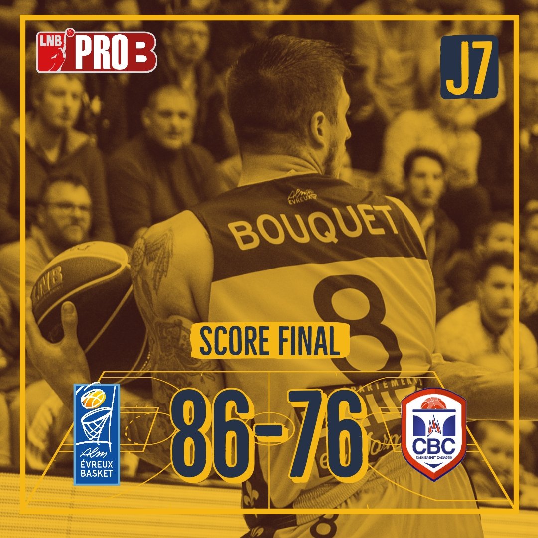 ALMEvreux's tweet photo. FIN DU MATCH | #ALMCBC
✔️ VICTOIRE !!!
L'ALM fait la différence dans le dernier quart-temps et remporte le derby face au @caenbc14 sur le score de 86 à 76 !!!
👊 Bravo les gars !
@ALMEvreux 86
@CaenBC14 76
#TeamALM #ProB #J7 https://t.co/aY5F4RzeaE