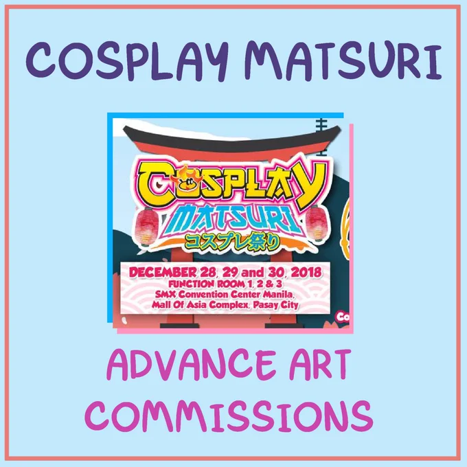 ANYONE GOING TO COSPLAY MATSURI?

If so, wanna commission an artist? Well, I'm the gal you need &gt;:) I'm opening comms in advance and pick up is at our table during the event!

Fill up the form if you're interested! 

https://t.co/6ZRwiv8IpZ

#Cosmatsuri2018 #CosplayMatsuri2018 