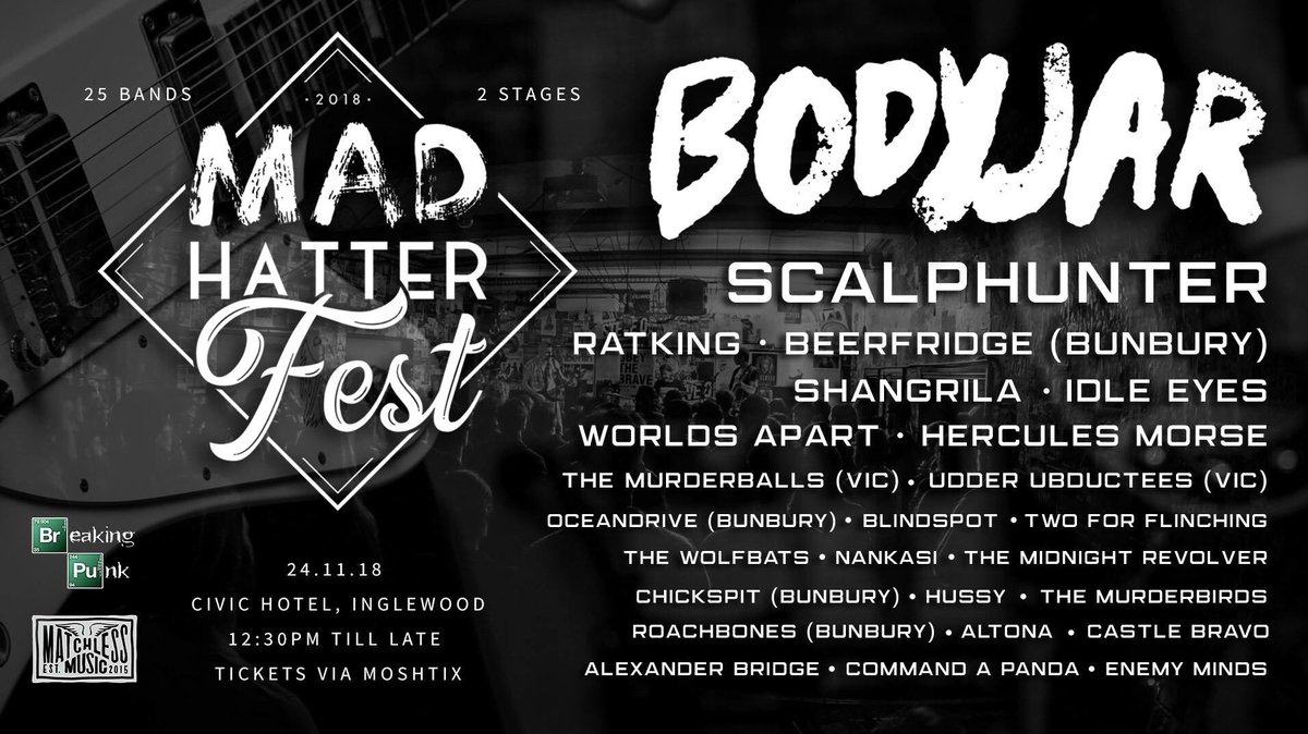 Playing alongside <a href="/Bodyjar/">Bodyjar</a> today at The Civic Hotel for Mad Hatter Fest.
Who’s keen to chuck a mosh? We are! On at 5:20 pm.
#punk #punkrock #melodicpunk #poppunk #perth #perthmusicscene #twoforflinching #tff #gigs #diddlydeepotato