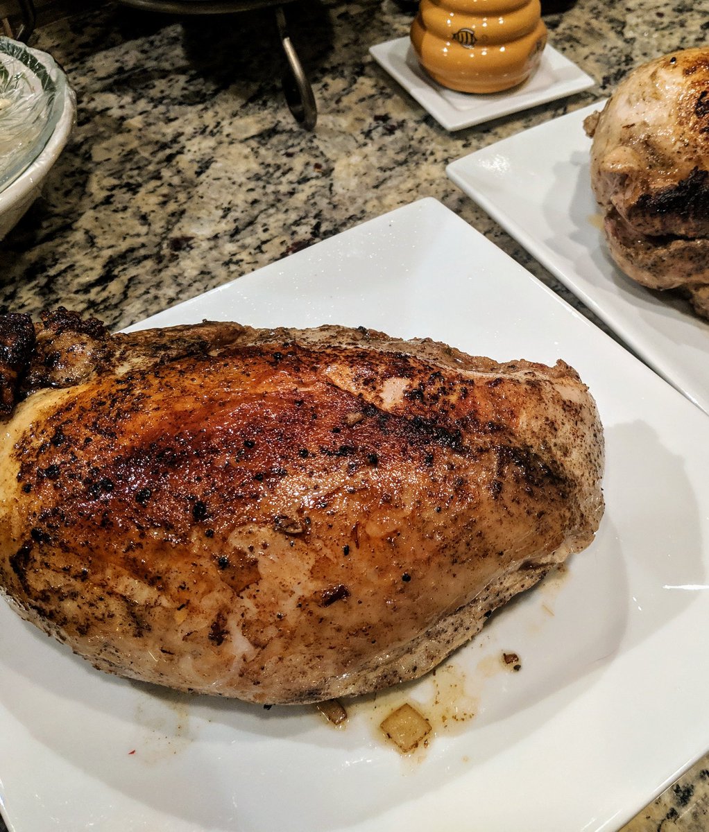 Chris_DavisMD's tweet photo. Small family Thanksgiving this year, so in lieu of a whole turkey I opted for two 4 lb turkey breasts. Sous-vided for 18 hrs with aromatics, seasonings, and olive oil, then finished with a quick sear in butter infused with garlic, oregano, and bay leaf. I may never go back... https://t.co/DzYdpTFJF5
