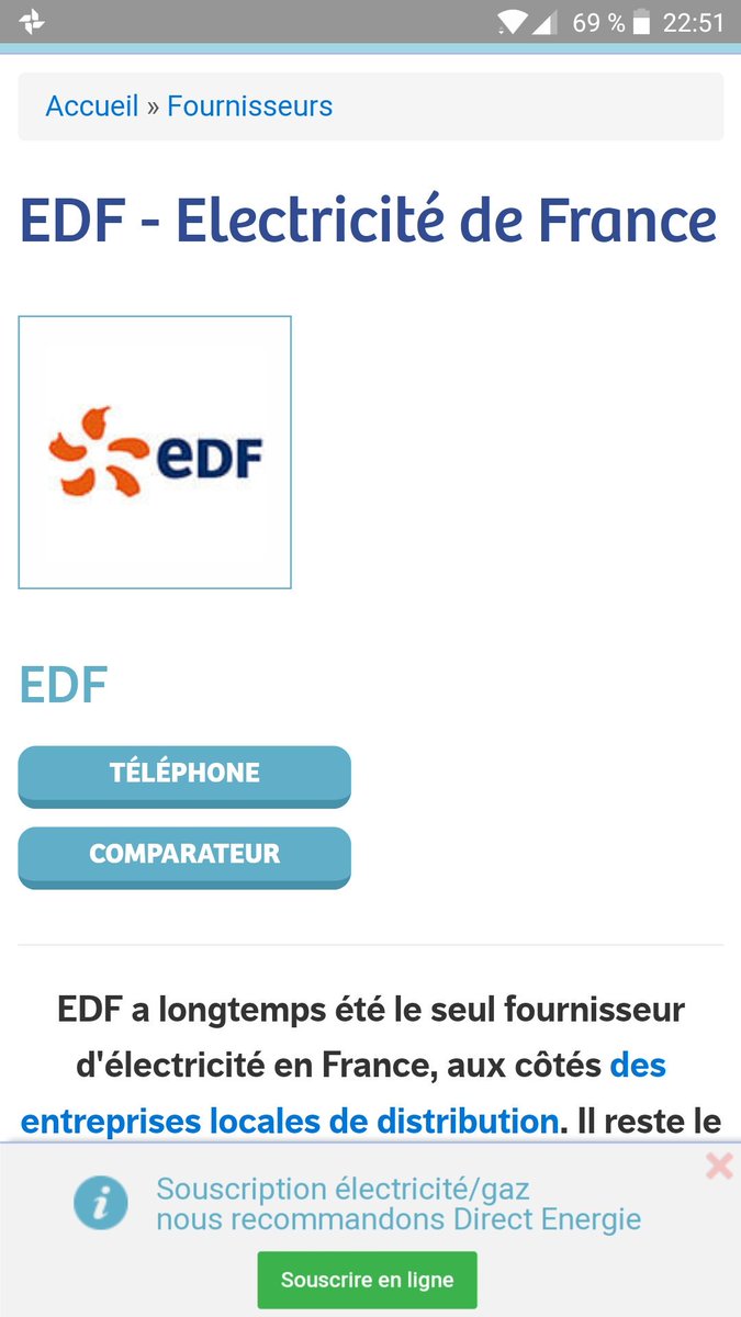 FleurLecarp's tweet photo. @edfenergy @dgccrf c'est normal qu'un operateur qui s'annonce ouvertement sous la balise edf sur google (recherche goofle = edf) pousse "un peu trop fortement" l'offre direct energie sur le site et au telephone.... ? https://t.co/Bn7mNc0dkd