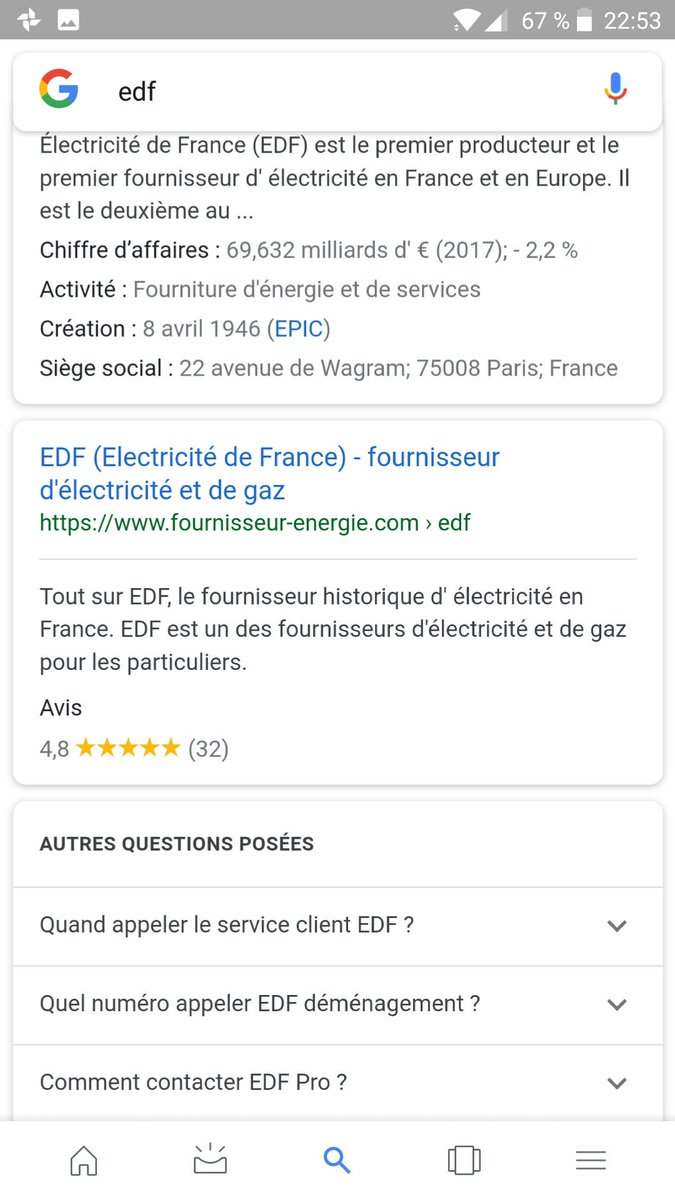 FleurLecarp's tweet photo. @edfenergy @dgccrf c'est normal qu'un operateur qui s'annonce ouvertement sous la balise edf sur google (recherche goofle = edf) pousse "un peu trop fortement" l'offre direct energie sur le site et au telephone.... ? https://t.co/Bn7mNc0dkd
