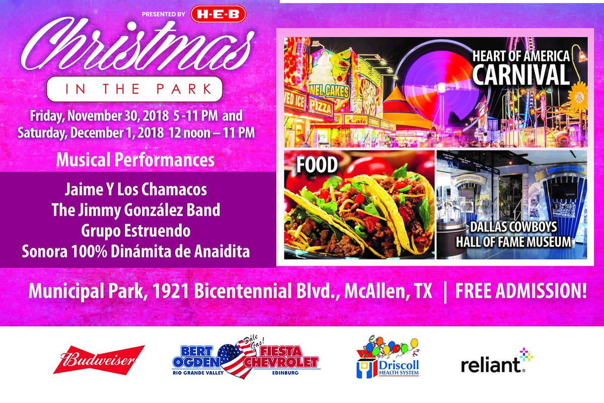 McAllenParks's tweet photo. FREE photos with Santa will be available at #ChristmasinthePark Friday, November 30th 6pm - 10pm and Saturday, December 1st 12:30pm - 4pm. There will be plenty of food, live entertainment, a carnival, and much more! 🎅 https://t.co/kRd9DjSOXA