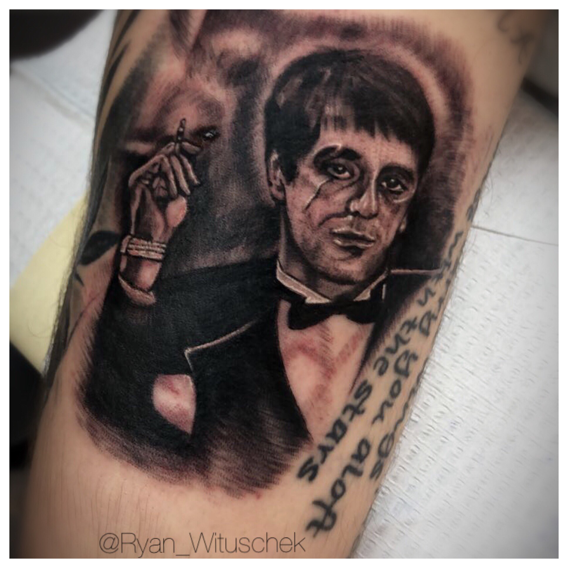 Willy G Tattoo  Say hello to my little friend Tony MontanaScarface  portrait done today Start of moviegangster themed leg sleeve  Facebook