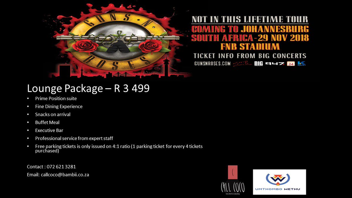 CallCoCo1's tweet image. CoCo has a VIP Lounge tickets to the Rock n Roll Concert of the century. Guns n Roses - Not In A Lifetime Tour in Johannesburg

Hurry we have only a few tickets left.
Contact : +27 72 621 3281
Email: callcoco@bambii.co.za