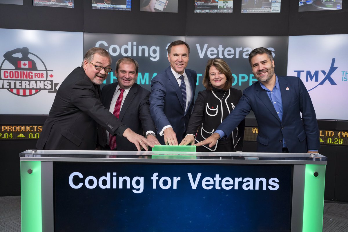 sharonmbrough's tweet photo. Supporting #veterans in transition! @PrincesTrustCA @POEmilitary opened  @TMXGroup this morning with @Bill_Morneau and @Coding4Veterans. https://t.co/pXoIh6odzL