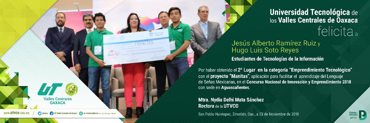 utvco's tweet photo. La #ComunidadUTVCO reconoce y felicita a Jesús Alberto Ramírez Ruiz y Hugo Luis Soto Reyes, estudiantes de @ticutvco, por haber obtenido el 2o. Lugar en la categoría "Emprendimiento Tecnológico" con el proyecto "Manitas" en el #Conies2018
#OrgulloUTVCO https://t.co/IPzWxzOoFS