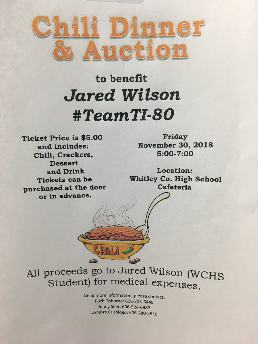 The Whitley County School District would like to invite everyone to attend a chili supper and auction on Friday, November 30th. Proceeds will go to benefit WCHS senior Jared Wilson and his family. Please see the flyer for more details. Thank you for your support. Go Colonels!
