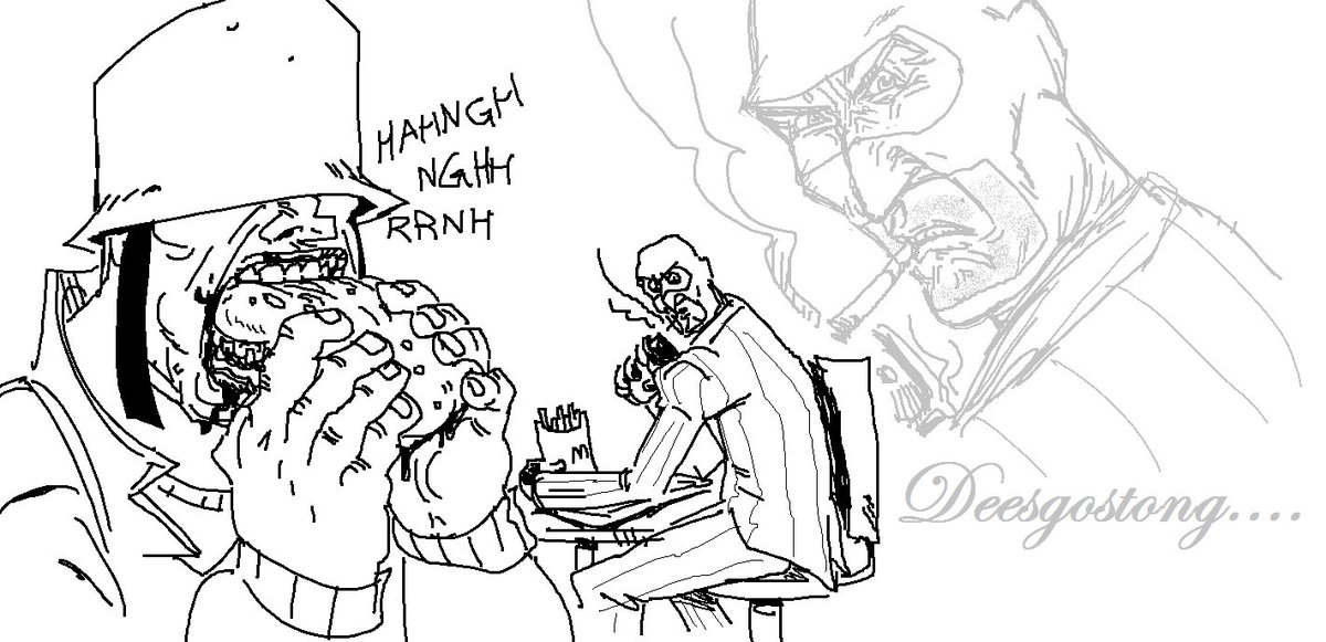 ko-fi request: "hi phil! ive always been a fan of your work, can you draw the soldier from tf2 eating a big mac while the spy watches in disgust?" 