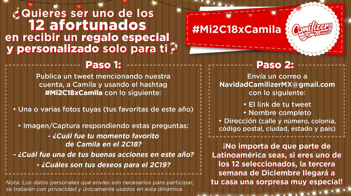 CCamilizersMX's tweet image. Participa en nuestra 1er dinámica Navideña y se uno de los 12 AFORTUNADOS en recibir un regalo MUY ESPECIAL🎄🎁

Lee con atención y sigue los pasos. Tienes hasta el 30 de noviembre para participar.

No importa de qué parte de Latinoamerica seas ¡TODOS PARTICIPAN!

#Mi2C18xCamila