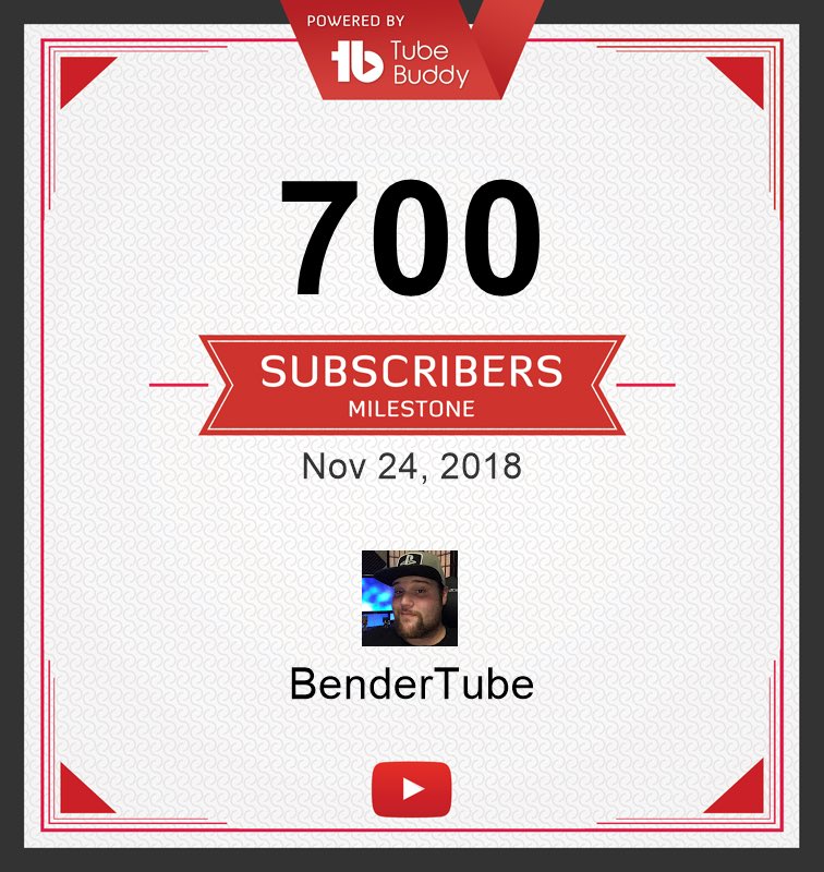 BenderTubeOG's tweet photo. What a great way to start the holidays! Thank you to everyone who helped me not only reach 700 subscribers, but also beating my goal of 100 subs in 30 days! If you haven’t already, hit that subscribe button and become a #Bendejo today.

#TeamUnfiltered #nosmallcreator @TubeBuddy https://t.co/rMDIeDgyrW