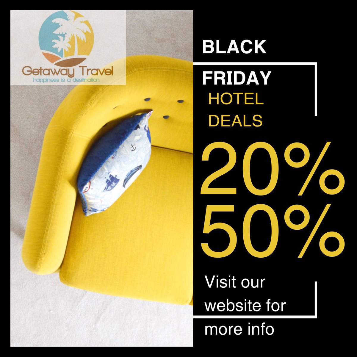 BLACK FRIDAY IS HERE!! Get 20%-50% discount on selected hotel deals. Visit our website for more information. getawaytravel4.wixsite.com/website
Or email us on: getawaytravel4@gmail.com