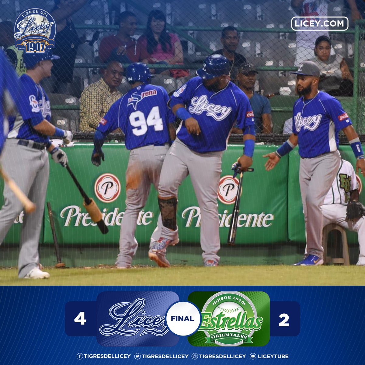 FINAL y estamos en segundo lugar ✌ #ElGlorioso Números finales: Julio  Borbón 5-2, DOBLE, TRIPLE, 1 CA, 1CE; Donovan Solano de 4-1, 1CE; Luis  Barrera de 4-2, 1CA; Erick Aybar de 3-1,