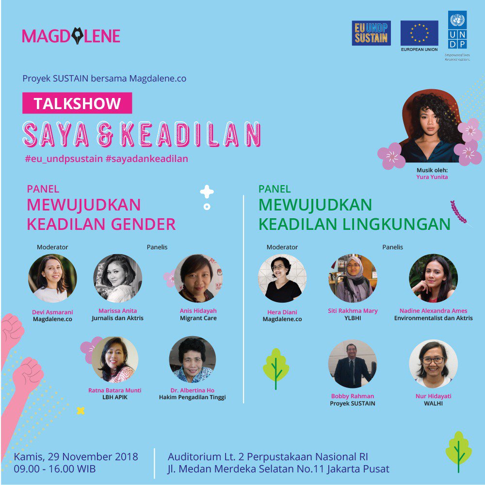 Di Indonesia, penegakan keadilan masih menjadi satu tantangan yg belum terpecahkan. <a href="/UNDPIndonesia/">UNDP Indonesia</a> &amp; Magdalene berupaya menginisiasi diskusi komprehensif utk membahas isu keadilan gender dan lingkungan bersama para pembicara ahli. Yuk registrasi di bit.ly/2OYzXXA ✨